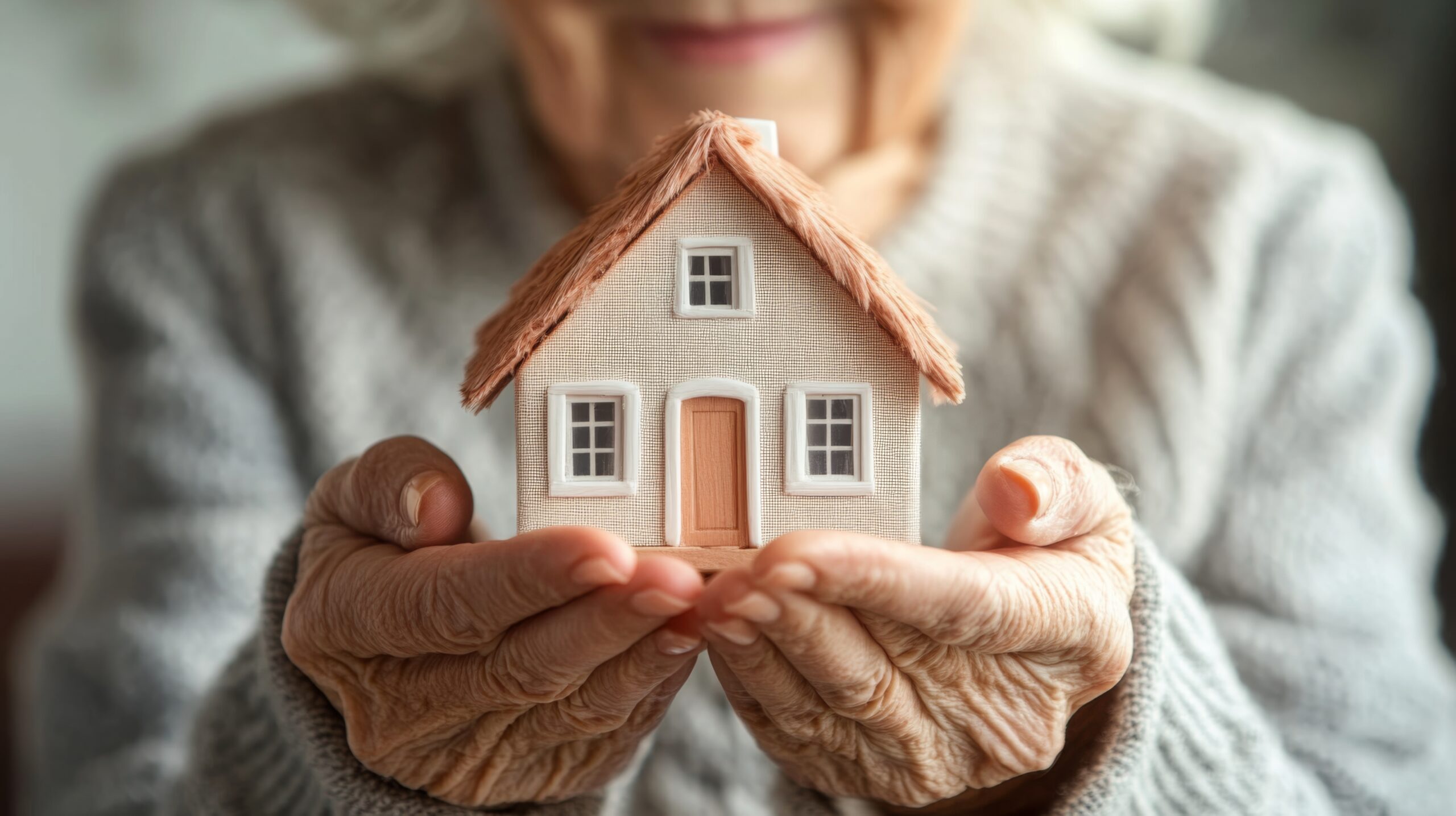 Old people charity concept. Banner with place for text. Hands of aged man or woman holding a house.