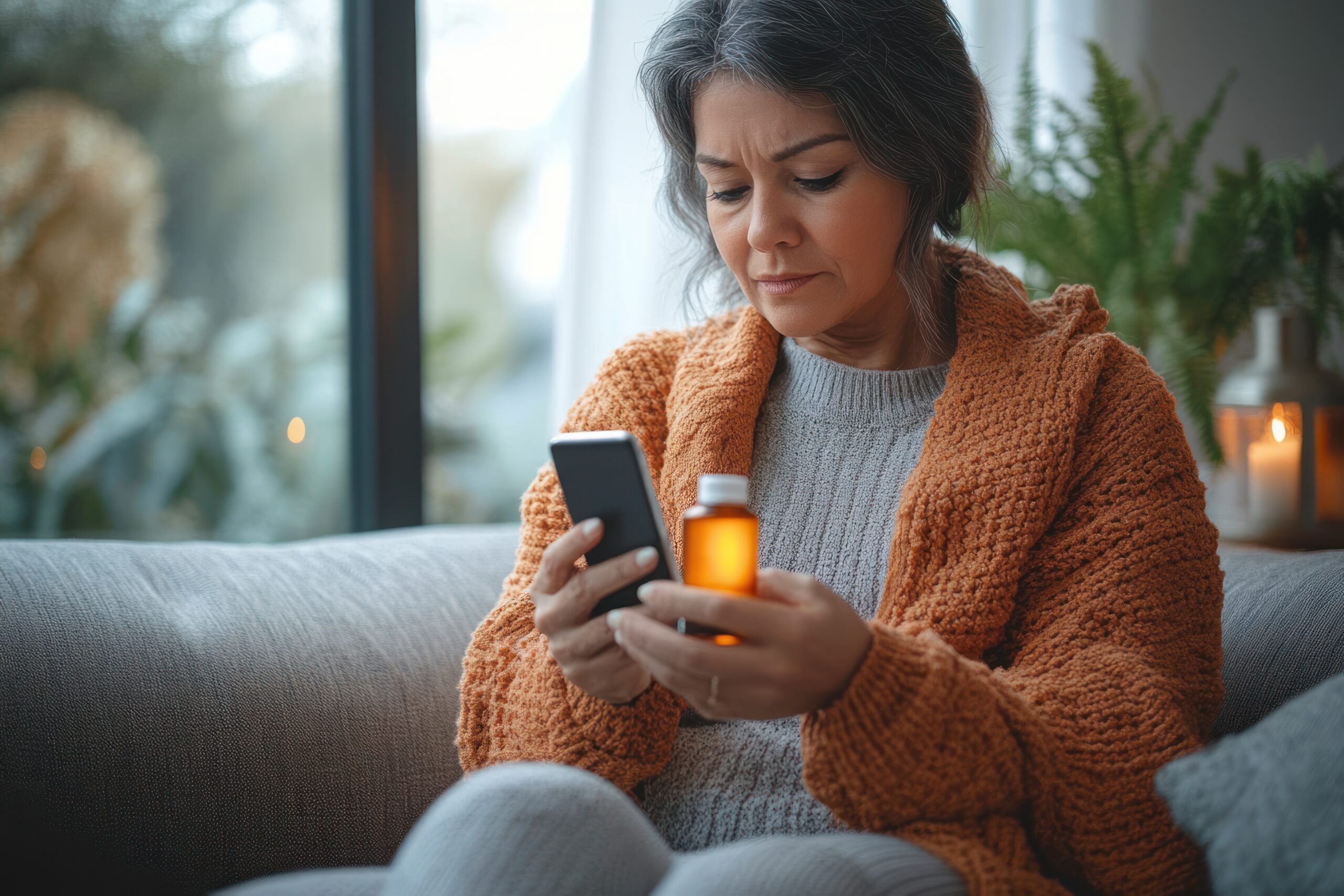 Senior Woman Using Smartphone to Read Prescription Information and Medication Instructions in a Cozy Living Room